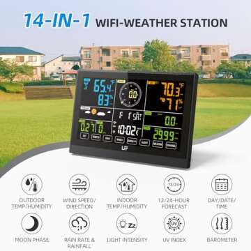 LFF Weather Station, with Outdoor Sensor, Wireless Weather Station with Rain Gauge, UV Index, Wind Speed/Direction, Weather Forecast, Barometer, WiFi Weather Station with 4-Level Adjustable Backlight