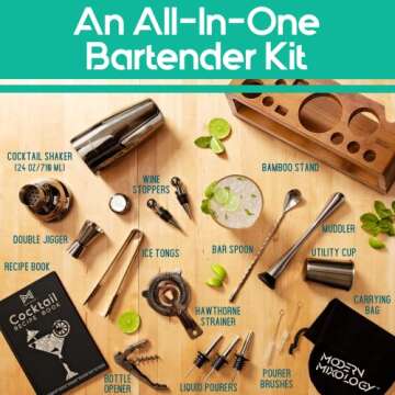 Mixology Bartender Kit: 23-Piece Bar Set Cocktail Shaker Set with Stylish Bamboo Stand | Perfect for Home Bar Tools Bartender Tool Kit and Martini Cocktail Shaker for Awesome Drink Mixing (Black)