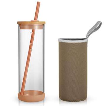 Tronco 24oz Glass Tumbler with Straw and Bamboo Lid - Nylon Bottle Protection Sleeves,Stylish Smoothie Cup,Wide Mouth Iced Coffee Cup Reusable- Elegant Glass Water Bottles for Everyday Hydration