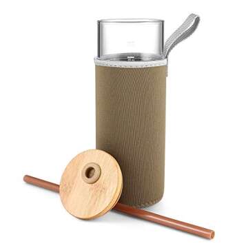 Tronco 24oz Glass Tumbler with Straw and Bamboo Lid - Nylon Bottle Protection Sleeves,Stylish Smoothie Cup,Wide Mouth Iced Coffee Cup Reusable- Elegant Glass Water Bottles for Everyday Hydration