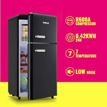 DEMULLER Mini Fridge Dual Door Refrigerator with Freezer, 3.5 Cu.Ft Compact Refrigerator with Handle, Adjustable Temperature & Removable Glass Shelves, for Apartment/Dorm/Office/RV, Black