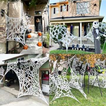 Beef Netting Halloween Spider Webs Decorations,Giant Stretchy Spider Decor with 10 pcs Tent Stakes,Cut-Your-Own Gauze Spiderwebs Cobwebs for Haunted Ghost Yard Party Indoor Outdoor Supplies 450 Sqft