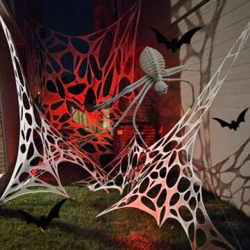 Beef Netting Halloween Spider Webs Decorations,Giant Stretchy Spider Decor with 10 pcs Tent Stakes,Cut-Your-Own Gauze Spiderwebs Cobwebs for Haunted Ghost Yard Party Indoor Outdoor Supplies 450 Sqft