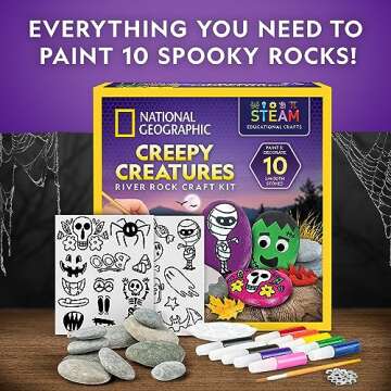 Blue Marble National Geographic Creepy Creatures Rock Painting Kit - Halloween Arts & Crafts Kit for Kids, Decorate 10 River Rocks with 10 Paint Colors & More Spooky Art Supplies, Halloween Kids Toys