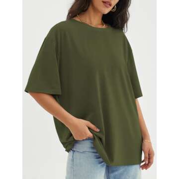 ATHMILE Womens Summer Spring Oversized T Shirts Loose Fit Crewneck Short Sleeve Tops Casual Blouse Y2K 2025 Basic Tee ArmyGreen