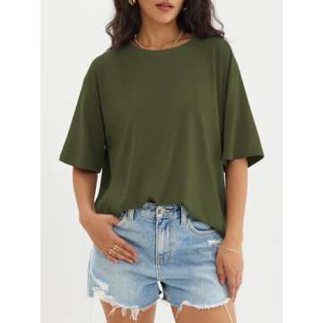 ATHMILE Womens Summer Spring Oversized T Shirts Loose Fit Crewneck Short Sleeve Tops Casual Blouse Y2K 2025 Basic Tee ArmyGreen