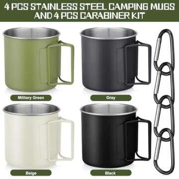 Zhehao 4 Pcs Camping Mugs with Folding Handles D Ring Stainless Steel Camping Cups Portable 12 oz Backpacking Mugs Camping Coffee Cups Travel Cups for Outdoor Camping Hiking Climbing Picnic