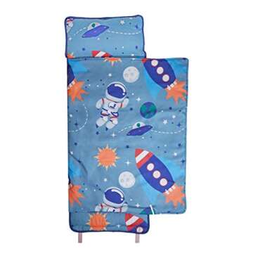 EVERYDAY KIDS Nap Mat w/Removable Pillow -Outer Space Adventures- Carry Handle with Straps Closure, Rollup Design, Soft Microfiber for Preschool, Daycare, Travel Sleeping Bag - Ages 3-6 Years