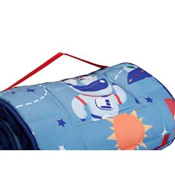 EVERYDAY KIDS Nap Mat w/Removable Pillow -Outer Space Adventures- Carry Handle with Straps Closure, Rollup Design, Soft Microfiber for Preschool, Daycare, Travel Sleeping Bag - Ages 3-6 Years