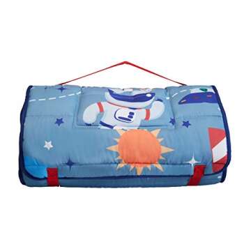 EVERYDAY KIDS Nap Mat w/Removable Pillow -Outer Space Adventures- Carry Handle with Straps Closure, Rollup Design, Soft Microfiber for Preschool, Daycare, Travel Sleeping Bag - Ages 3-6 Years