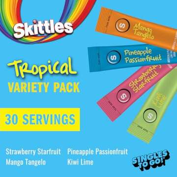 Skittles Singles To Go Tropical Variety Pack, Watertok Powdered Drink Mix, Includes 4 Flavors, Strawberry Starfruit, Mango Tangelo, Kiwi Lime, Pineapple Passionfruit, 1 Box (30 Servings)