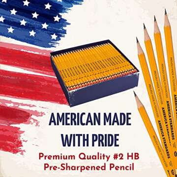 America Standards Pencils #2 HB, Sharpened, Made in USA, Woodcase, Graphite Core, Yellow with Eraser, Bulk Box, Soft and Smooth Writing, Sharpens Well, Erases Cleanly, Pack of 100