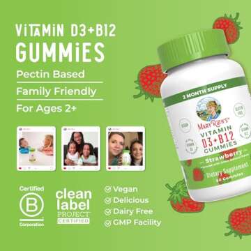 MaryRuth Organics Vegan Vitamin D3 + Vitamin B12 Gummies | 2 Month Supply | Supports Bone Health | Immune Support Supplement | Energy Supplements | Methyl B12 Vegan Non-GMO Gluten Free | 60 Servings