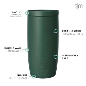 Simple Modern Travel Coffee Mug Tumbler with 360° Lid | Ceramic-Lined Insulated Stainless Steel Cold Brew Iced Coffee Cup Thermos | Gifts for Women Men Her Him | Voyager Signature | 16oz | Forest