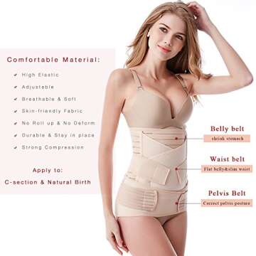 Postpartum Belly Band 3 Belts in 1, Postnatal Wrap Girdle Post C Section Recovery Binder Waist/Pelvis Support Belt Women Post Partum Girdles - Body Shaper Shapewear for Natural Birth C-Section