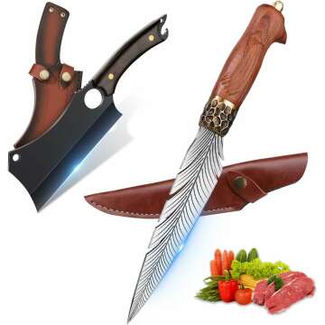 Feather Viking Knife Dragon Viking Cleaver Knife Set Japanese Forged in Fire Boning Knife High Carbon Steel Kitchen Cleaver with Sheath for Outdoor Camping BBQ Collection Christmas Gift Men