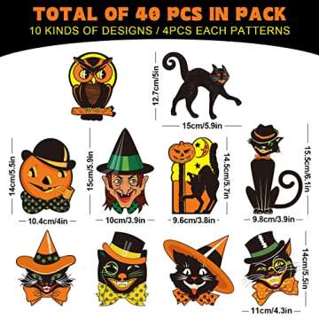 Whaline 40Pcs Vintage Halloween Cutouts Assorted Retro Pumpkin Cat Owl Cutouts Classic Orange Black Vintage Halloween Decorations Paper Cutouts with Glue Points for Halloween Party Decor