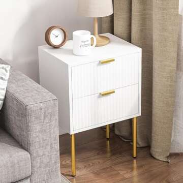 Our Modern Space 2 SET 2-Drawer Nightstand with Fluted Panel Design & Gold Frame - Perfect for Small Side Table, Night Stand, End Table, Dresser for Bedroom, Living Room, White Stripe