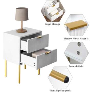 Our Modern Space 2 SET 2-Drawer Nightstand with Fluted Panel Design & Gold Frame - Perfect for Small Side Table, Night Stand, End Table, Dresser for Bedroom, Living Room, White Stripe