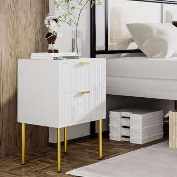 Our Modern Space 2 SET 2-Drawer Nightstand with Fluted Panel Design & Gold Frame - Perfect for Small Side Table, Night Stand, End Table, Dresser for Bedroom, Living Room, White Stripe