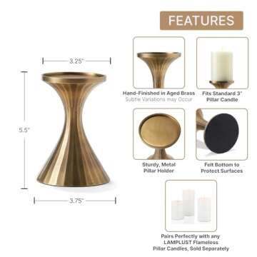 LampLust Metal Pillar Candle Holder - 5.5 Inch Tall Candle Holders for Pillar Candles, Aged Brass Finish, Modern Candle Holder for Coffee Table Decor, Wedding Centerpieces & Home Décor