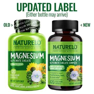 NATURELO Magnesium Glycinate Chelate Complex - 200 mg Magnesium with Organic Vegetables to Support Sleep, Calm, Muscle Cramp & Stress Relief – Gluten Free, Non GMO - 120 Capsules