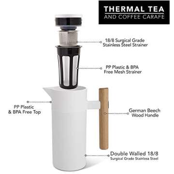 Hastings Collective Thermal Coffee Carafe 40 Oz - Stainless Steel Double Walled Vacuum Insulated Carafe - 1 Liter Thermal Coffee Pot Thermos, Travel Size Beverage Dispenser with Tea Infuser (White)