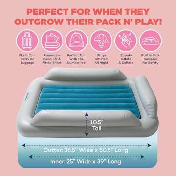 SlumberPod SlumberTot Inflatable Toddler Travel Bed - Portable Kids Air Mattress with Safety Bumpers - Perfectly Sized Ideal for Travel or Home Use - Includes Electric Pump