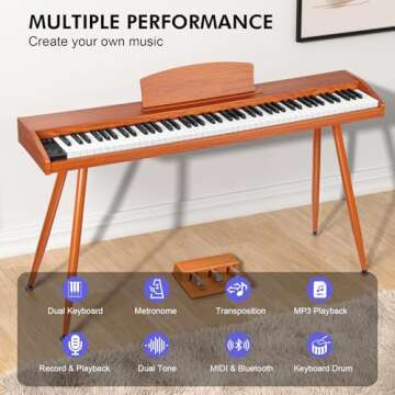 UISCOM Digital Piano Keyboard 88 Key Semi-Weighted for Beginners,Full Size Electric Piano with Stand,Triple Pedal,Adapter,Sheet Music Stand,Headphone,USB-MIDI Compatible,Wood Grain Brown