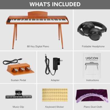 UISCOM Digital Piano Keyboard 88 Key Semi-Weighted for Beginners,Full Size Electric Piano with Stand,Triple Pedal,Adapter,Sheet Music Stand,Headphone,USB-MIDI Compatible,Wood Grain Brown