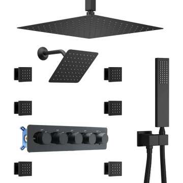 Thermostatic Shower System Dual Shower Heads with 16" Ceiling Mounted Rain Shower Head & 8" Wall Mounted Head 4 Function Full Body Luxury Shower System Can All Run Together, Matte Black