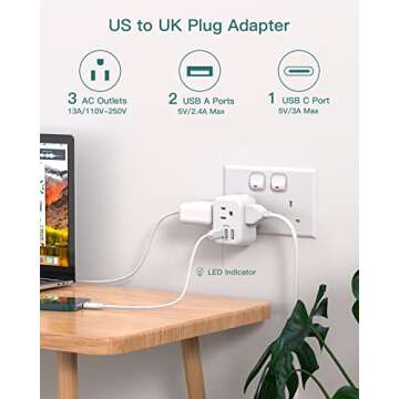 US to UK Ireland Plug Adapter, Addtam Type G Power Adapter with 3 AC Outlets and 3 USB(1 USB C), Travel Essentials for USA to Dubai Scotland British London England Hong Kong Irish