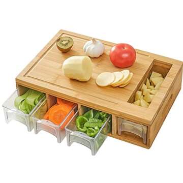 OLOZIQ Bamboo Cutting Board with Trays and Lids Storage Containers – Multifunction Easy Chopping Meal Prep Station with Juice Grooves – 4 Multi-Functional Graters Included with Food Sliding Opening