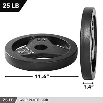 Day 1 Fitness Cast Iron Olympic 2-Inch Grip Plate for Barbell, 25 Pound Set of 2 Plates Iron Grip Plates for Weightlifting, Crossfit - 2” Weight Plate for Bodybuilding