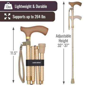 Switch Sticks Folding Walking Cane For Women & Men - Adjustable 32-37 In, Lightweight With Ergonomic Wood Handle, Slip-Resistant Rubber Tip Supports 264 Lbs - Canes For Women For Stability (FSA/HSA)