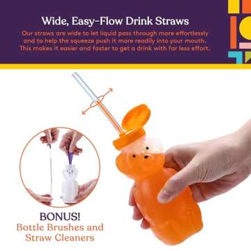 Special Supplies Honey Bear Straw Cup Long Straws, Squeezable Therapy and Special Needs Assistive Drink Container, Spill Proof and Leak Resistant Lid (Pack of 1 Bottle and 3 Straws)