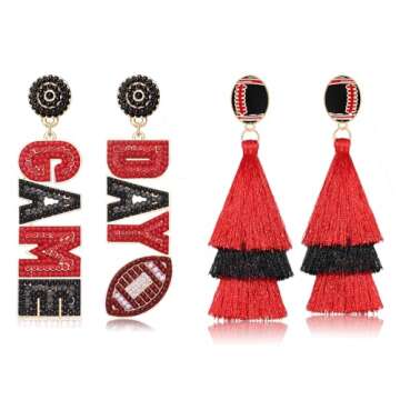 2/3 Pairs Game Day Earrings for Women Beaded Football Earrings Sports Tassel Earrings Game Day Outfits Team Spirit Football Mom Accessories Game Day Football Jewelry Gifts (Style A)