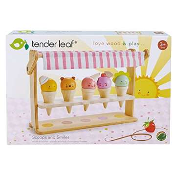 Tender Leaf Toys - Scoops and Smiles - Ice Cream Toy Shop with 5 Solid Wood Pretend Play Set for Kids, Play Food and Accessories, Encourage Role Play and Develops Social Skills - Age 3+