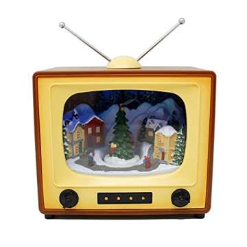 Moments in Time 6" H Animated Retro TV with Snowy Vilage Home Scene (Moving Tree) with LED Lights, 8 Classic Carols Christmas Music Battery Operated Hand-Painted Resin Polyresin Injection Plastic