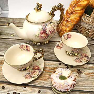 fanquare 15 Pieces British Porcelain Tea Set, Floral Vintage China Coffee Set, Wedding Tea Service for Adult, Big Tea Cup