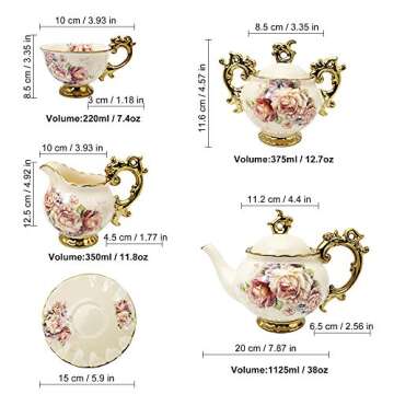 fanquare 15 Pieces British Porcelain Tea Set, Floral Vintage China Coffee Set, Wedding Tea Service for Adult, Big Tea Cup