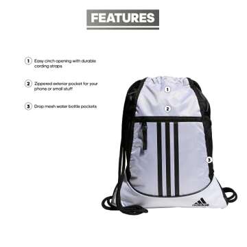 adidas Alliance Sackpack (12L) Lightweight Athletic Small Drawstring Team Sports Workout Bag, White/Black, One Size