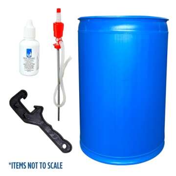 Augason Farms Water Treatment and Storage Kit, 55-Gallon Water Barrel, BPA Free, Liquid Water Treatment Drops, Siphon and Hand Pump