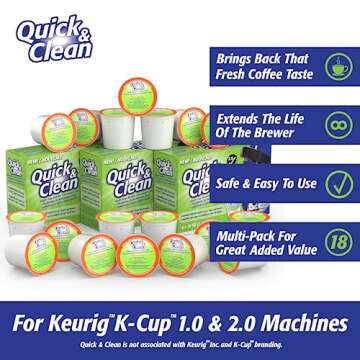 Quick & Clean [18-Pack] Keurig Cleaning Pods - K Cup Cleaner Pod For Keurig - 2.0 Coffee Machine Compatible, Removes Stains, Non-Toxic and Eco-Friendly