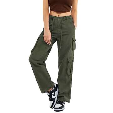 Znyeth Cargo Pants Women Cotton Wide Leg Casual Hiking Military Army Combat Work Pants with 8 Pockets (US, Alpha, Large, Regular, Regular, Army Green)