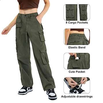 Znyeth Cargo Pants Women Cotton Wide Leg Casual Hiking Military Army Combat Work Pants with 8 Pockets (US, Alpha, Large, Regular, Regular, Army Green)