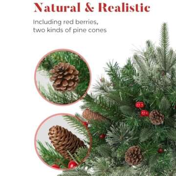 Holiday Planter Decorations, 2025 Christmas Holiday Planter Filler, Pre-lit Xmas Pine Trees with Cones, Golden & Red Berries Outdoor Lighted Christmas Decorations (1)