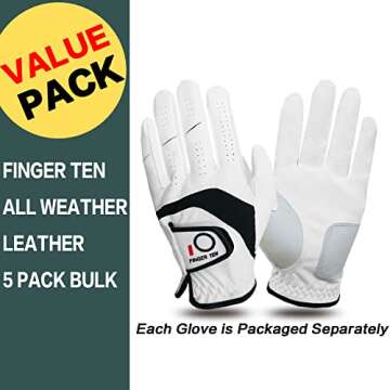 FINGER TEN Golf Gloves Men Left Hand Right Leather Value 5 Pack, Golf Glove for Right Left Handed Golfer All Weather Grip ML (White(Men Gloves), Medium/Large(Worn On Right Hand))