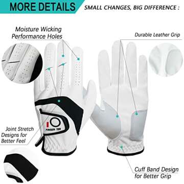 FINGER TEN Golf Gloves Men Left Hand Right Leather Value 5 Pack, Golf Glove for Right Left Handed Golfer All Weather Grip ML (White(Men Gloves), Medium/Large(Worn On Right Hand))