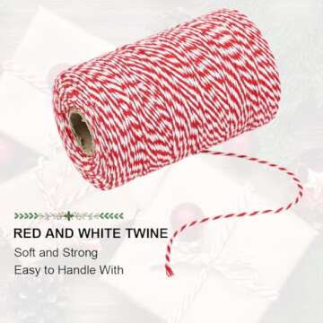 Tenn Well Red and White Twine, 656 Feet 200m Cotton Bakers Twine Ribbon for Baking, Butchers, Crafts, Gift Wrapping, Christmas Holiday Decorations